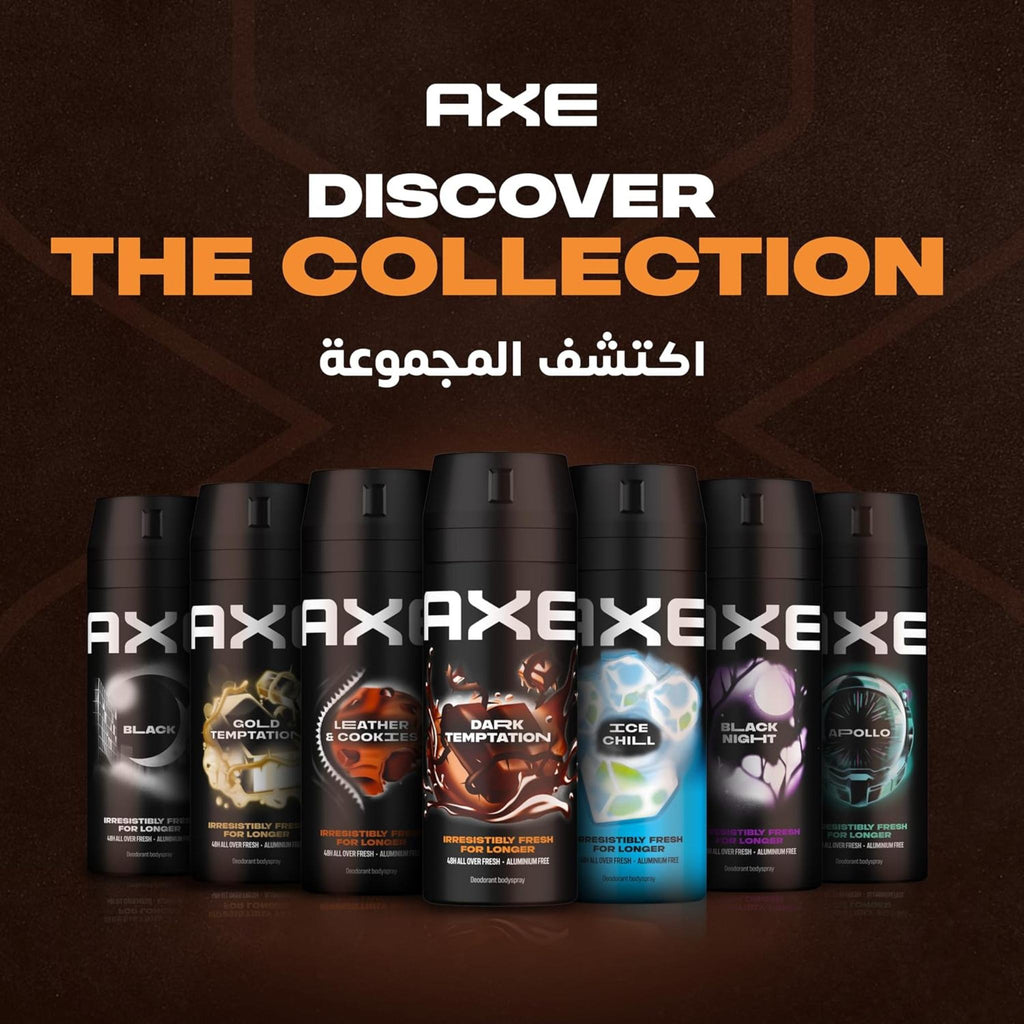Refect Beauty Axe body spray collection featuring Dark Temptation and various scents in black aerosol cans