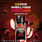 Refect Beauty Axe Cherry Spritz fragrance spray can with cherry and apple accents on a dark red background