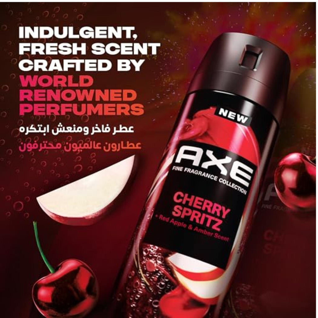Refect Beauty Axe Cherry Spritz fragrance spray can with red apple and cherry graphics on a dark background