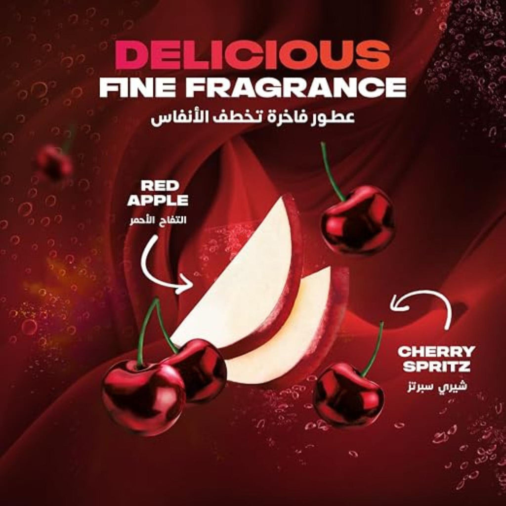 Refect Beauty Axe Cherry Spritz fragrance spray advertisement featuring red apple slices and fresh cherries