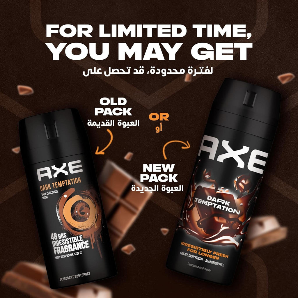 Refect Beauty Axe Dark Temptation deodorant body spray showing old and new packaging designs with chocolate accents.