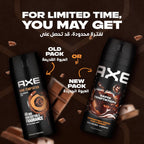 Refect Beauty Axe Dark Temptation deodorant body spray showing old and new packaging designs with chocolate accents.