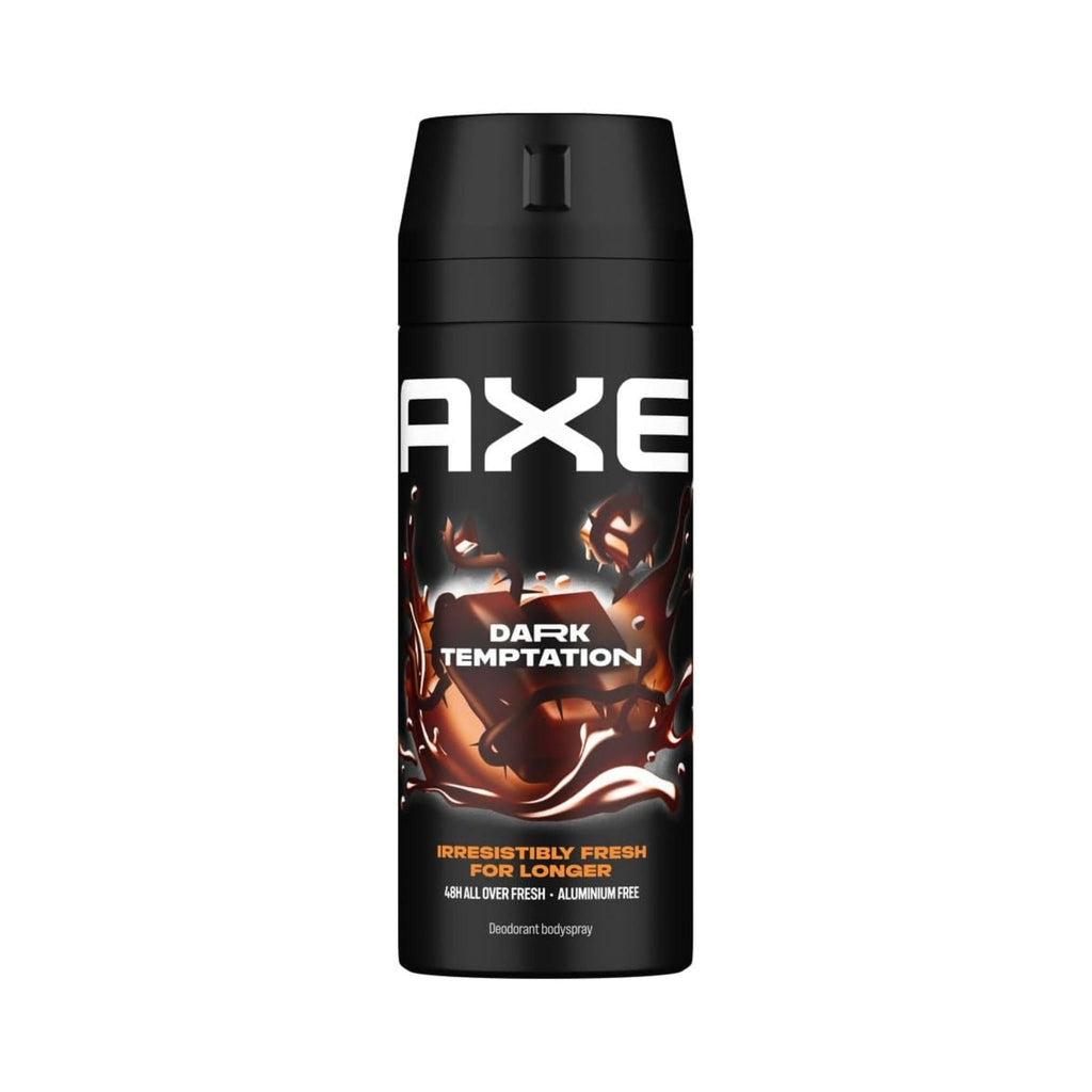 Refect Beauty Axe Dark Temptation deodorant body spray for men with a chocolate-inspired fragrance in a black can.