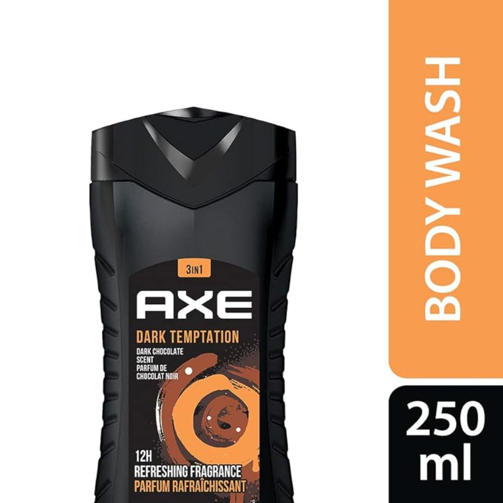Refect Beauty Axe Dark Temptation 3-in-1 body, hair, and face wash in a black 250ml bottle with chocolate scent.