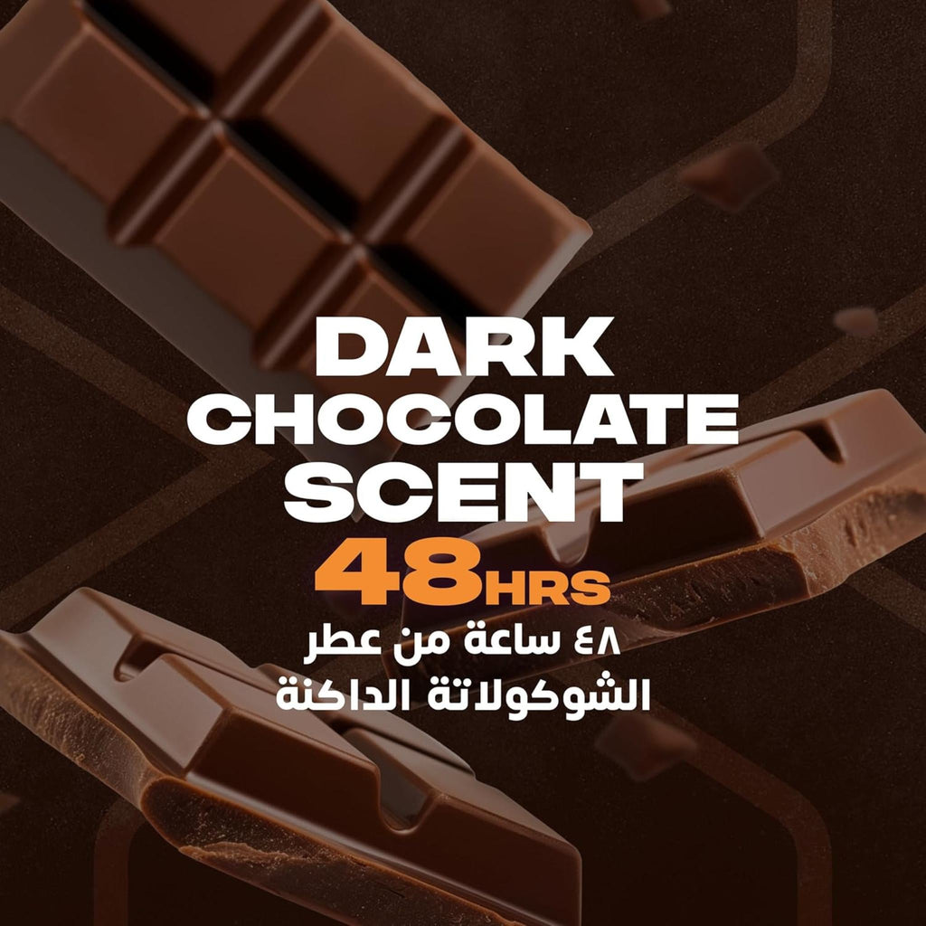 Refect Beauty Axe Dark Temptation body spray advertisement featuring dark chocolate squares and 48-hour scent claim