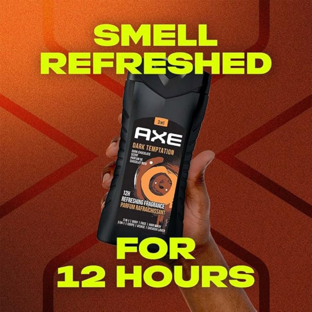Refect Beauty Axe Dark Temptation 3-in-1 body, hair, and face wash bottle held in hand against a textured orange background