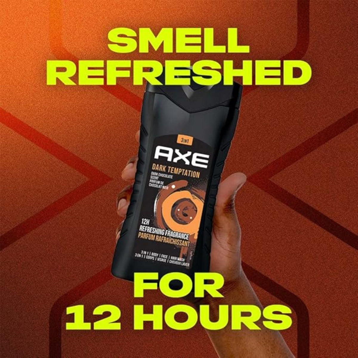 Refect Beauty Axe Dark Temptation 3-in-1 body, hair, and face wash bottle held in hand against a textured orange background