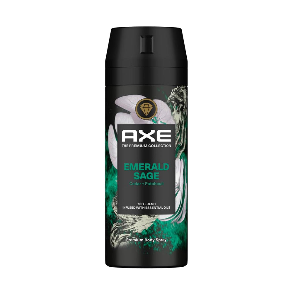 Refect Beauty Axe Emerald Sage body spray for men in a black canister with green botanical accents and essential oils.