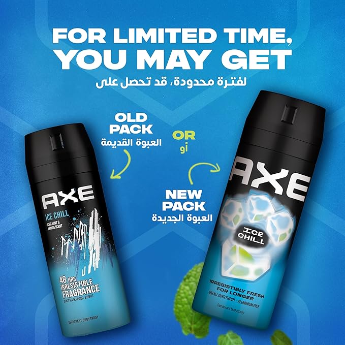 Refect Beauty AXE Ice Chill deodorant body spray showing old and new packaging designs with mint and ice graphics