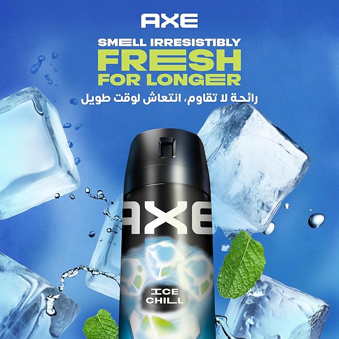 Refect Beauty AXE Ice Chill deodorant body spray with refreshing ice cubes and mint leaves on a blue background