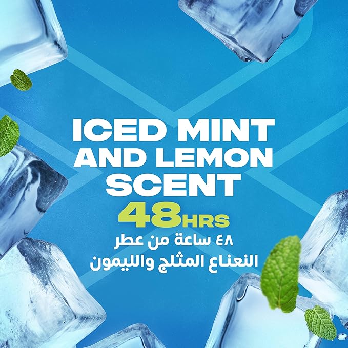 Refect Beauty Axe Ice Chill body spray promotional graphic featuring iced mint and lemon scent with ice cubes