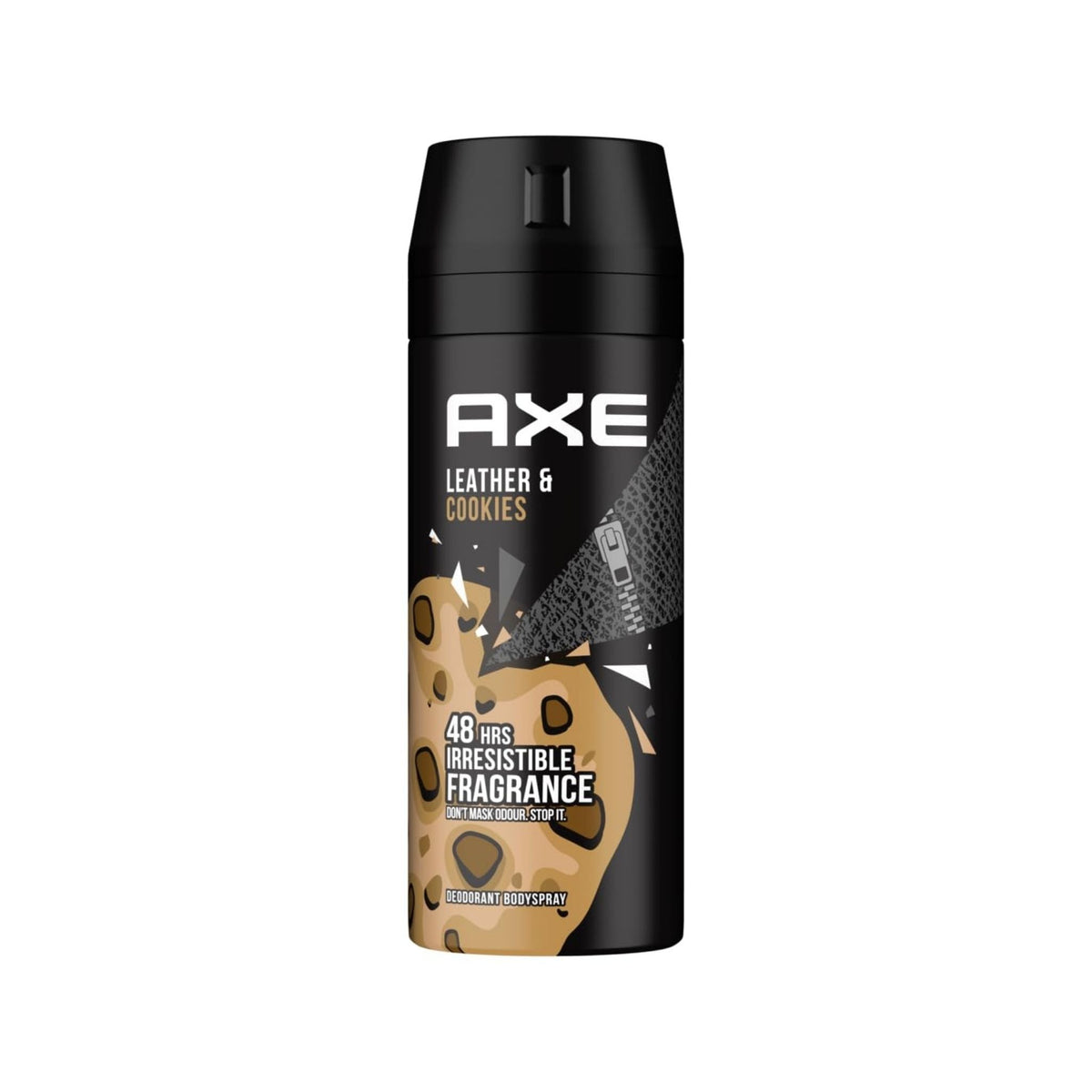 Refect Beauty AXE Leather & Cookies body spray can with a black design featuring cookie and leather texture graphics.