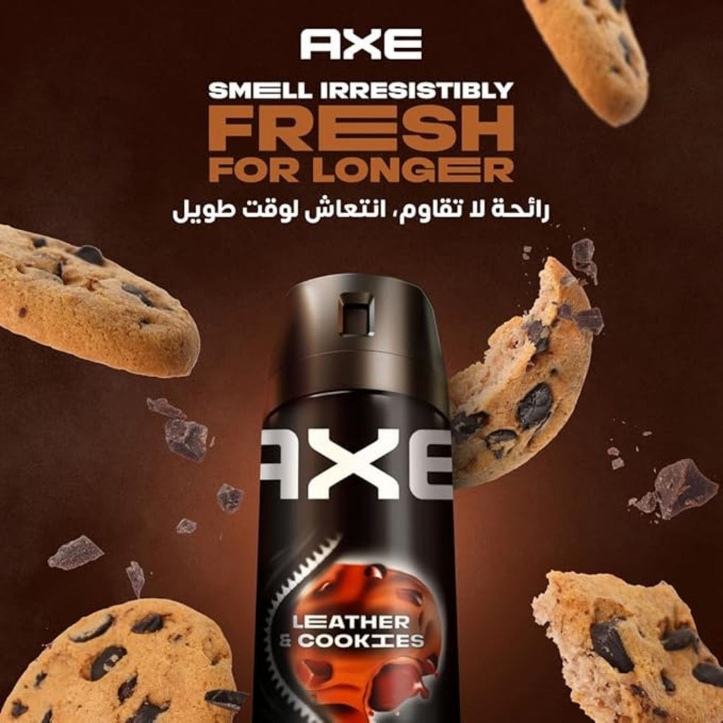 Refect Beauty AXE Leather & Cookies deodorant body spray can surrounded by chocolate chip cookies on brown background