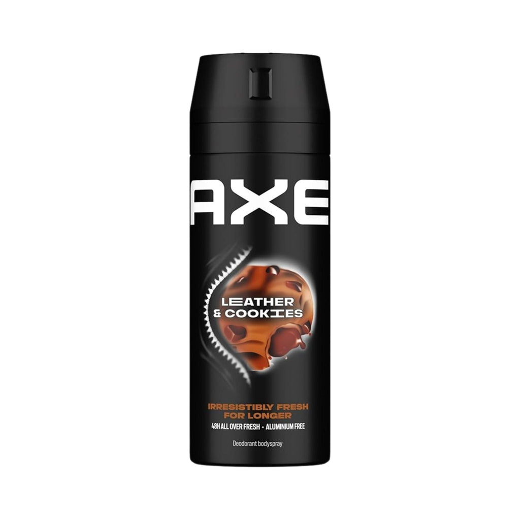 Refect Beauty AXE Leather & Cookies deodorant body spray in a black 150ml aerosol can with bold fragrance branding.
