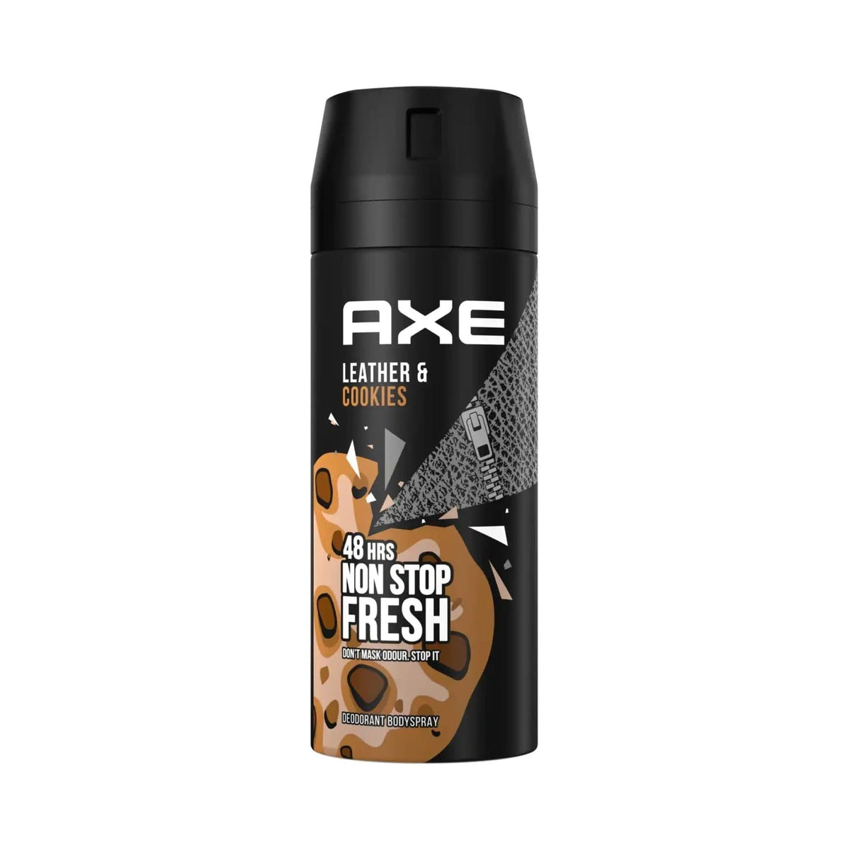Refect Beauty Axe Leather and Cookies deodorant body spray in a black aerosol can with cookie and zipper graphics.