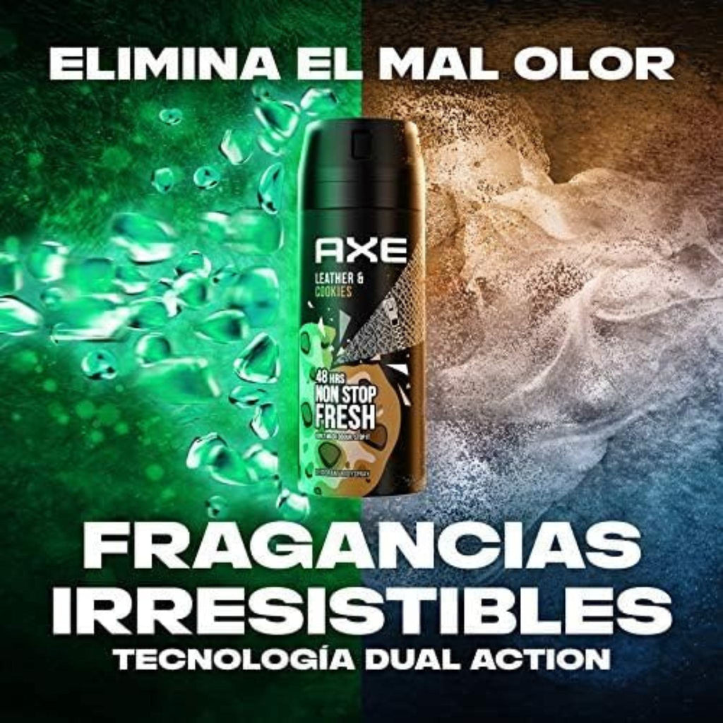 Refect Beauty Axe Leather and Cookies deodorant body spray can featuring a dual-action green and grey background.