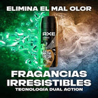 Refect Beauty Axe Leather and Cookies deodorant body spray can featuring a dual-action green and grey background.