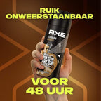 Refect Beauty Axe Leather and Cookies deodorant body spray held in hand against a branded orange background