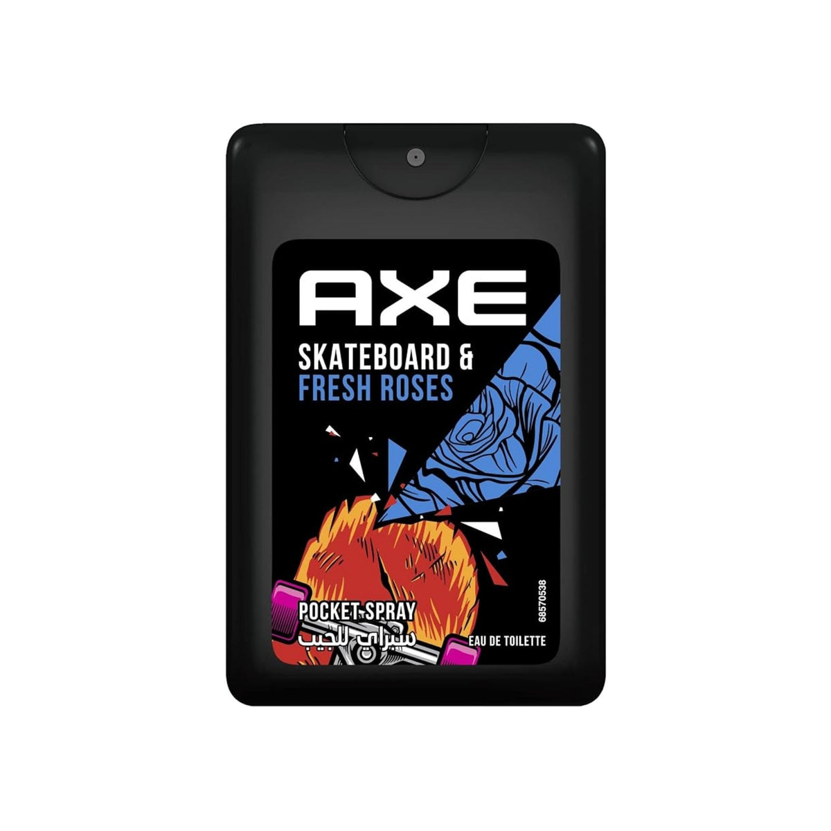Refect Beauty Axe Skateboard & Fresh Roses pocket spray for men featuring a black rectangular bottle with graphic art