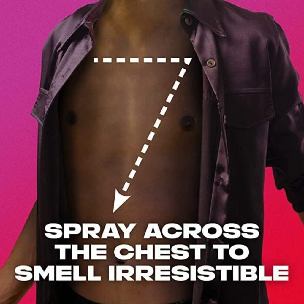 Refect Beauty Axe Recharge deodorant spray application guide showing a man in a purple shirt with a chest spray path