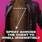 Refect Beauty Axe Recharge deodorant spray application guide showing a man in a purple shirt with a chest spray path