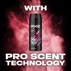 Refect Beauty Axe Recharge deodorant body spray can with a black and pink design against a smoky red background.