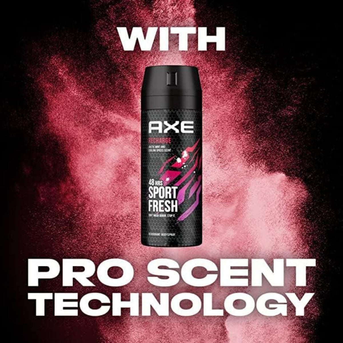 Refect Beauty Axe Recharge deodorant body spray can with a black and pink design against a smoky red background.