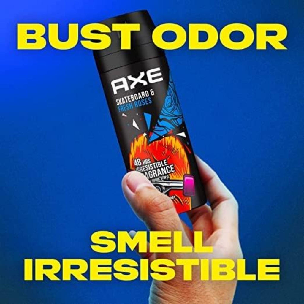 Refect Beauty Axe Skateboard & Fresh Roses body spray can held in hand with bold text overlay against blue background