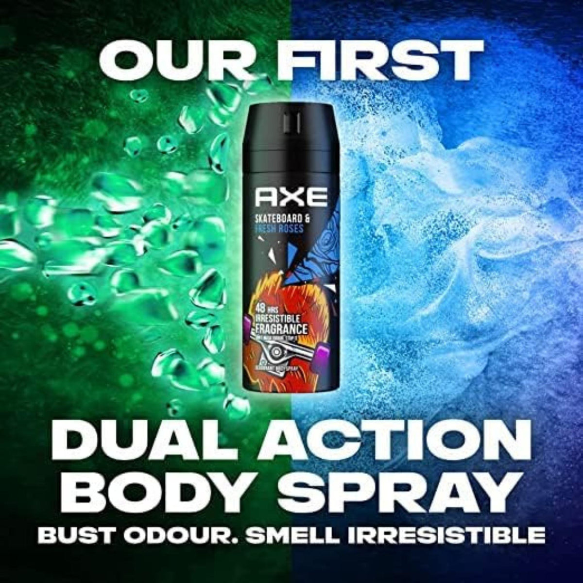 Refect Beauty Axe Skateboard & Fresh Roses body spray can featuring a vibrant graphic design against a split background