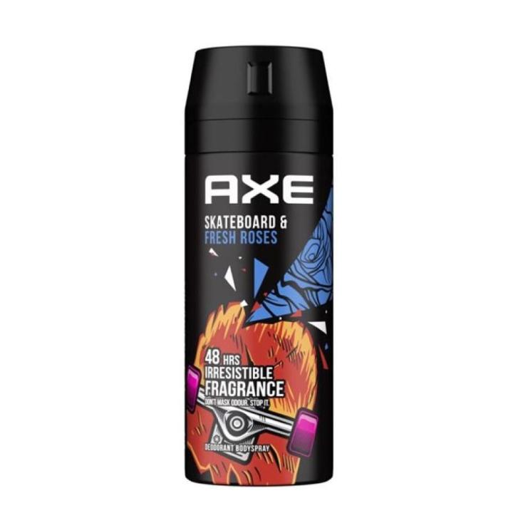 Refect Beauty AXE Skateboard & Fresh Roses body spray can with black, blue, and orange graphic design.