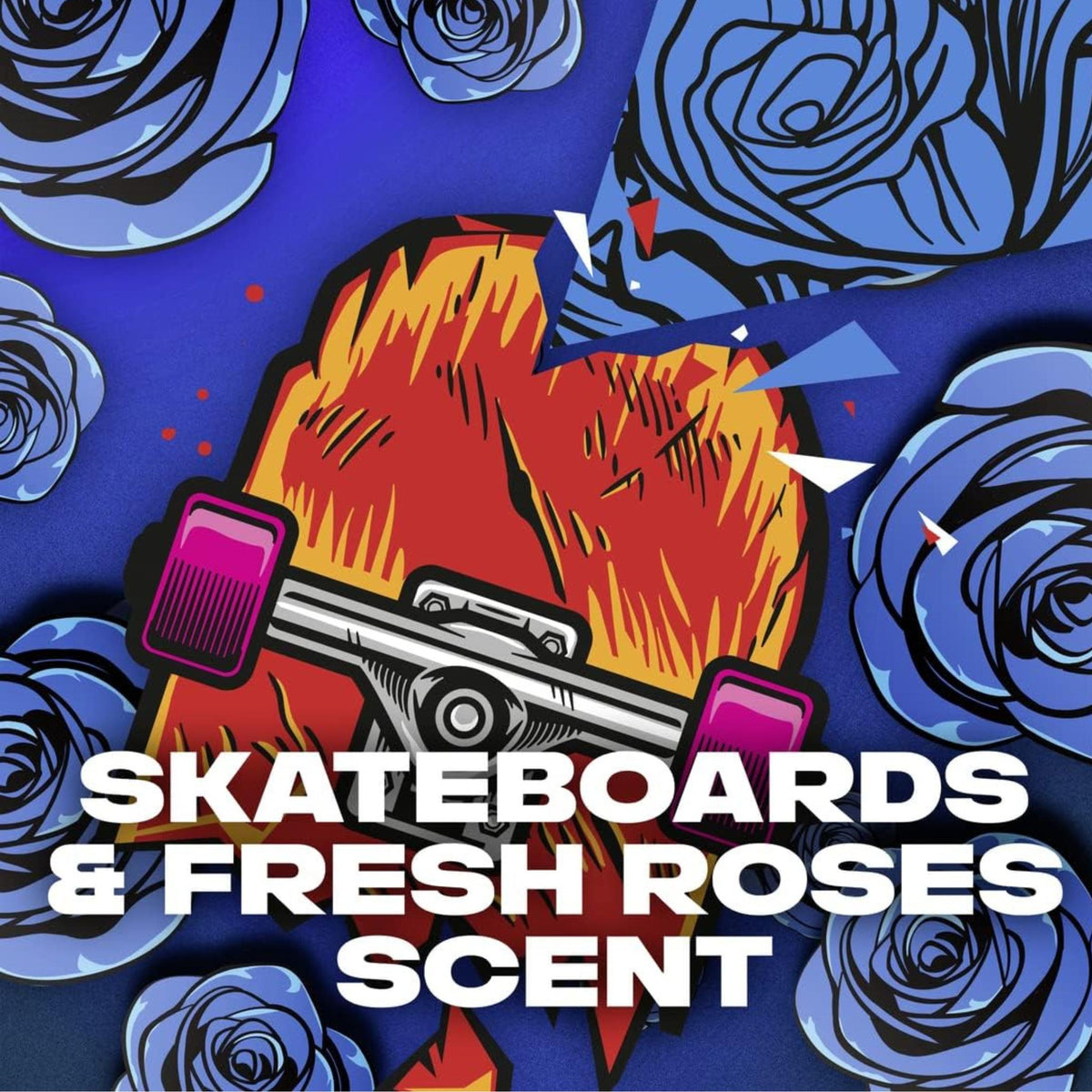 Refect Beauty Axe Skateboard & Fresh Roses body spray graphic featuring a stylized skateboard and blue rose pattern