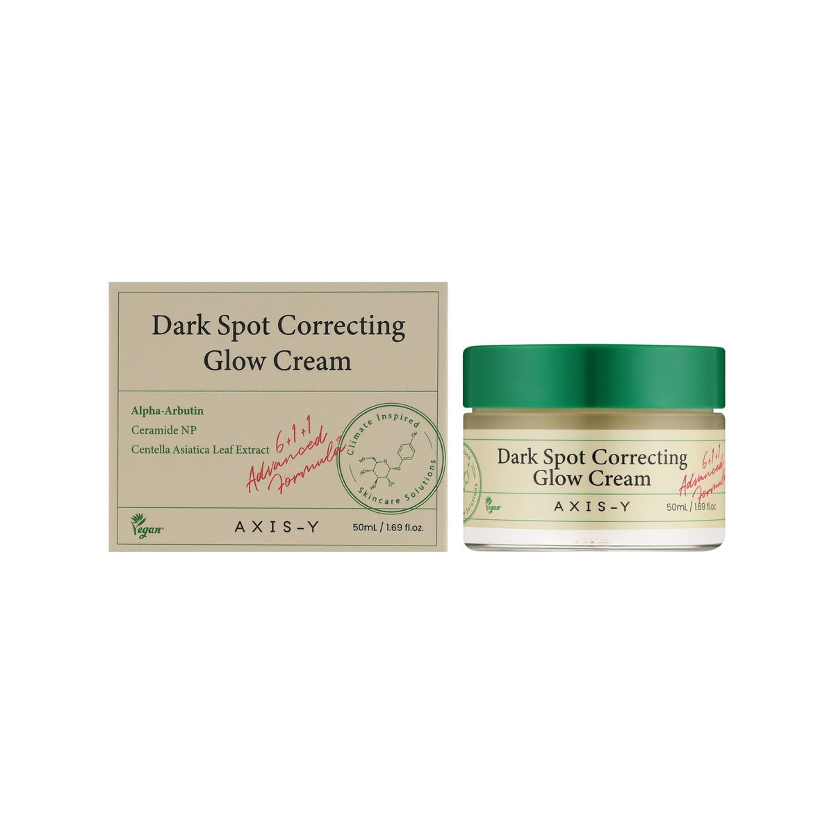 Refect Beauty AXIS-Y Dark Spot Correcting Glow Cream in a glass jar with a green lid next to its beige product box.