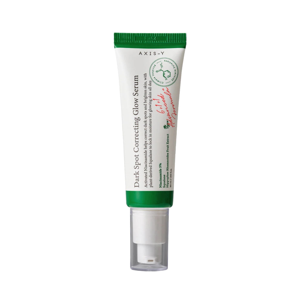 Refect Beauty AXIS-Y Dark Spot Correcting Glow Serum in a white tube with a green cap and pump dispenser.