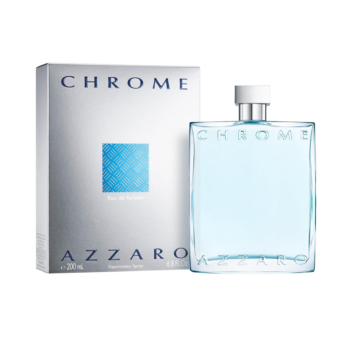 Refect Beauty Azzaro Chrome Eau de Toilette 200ml bottle with silver box, featuring a fresh aquatic citrus scent.