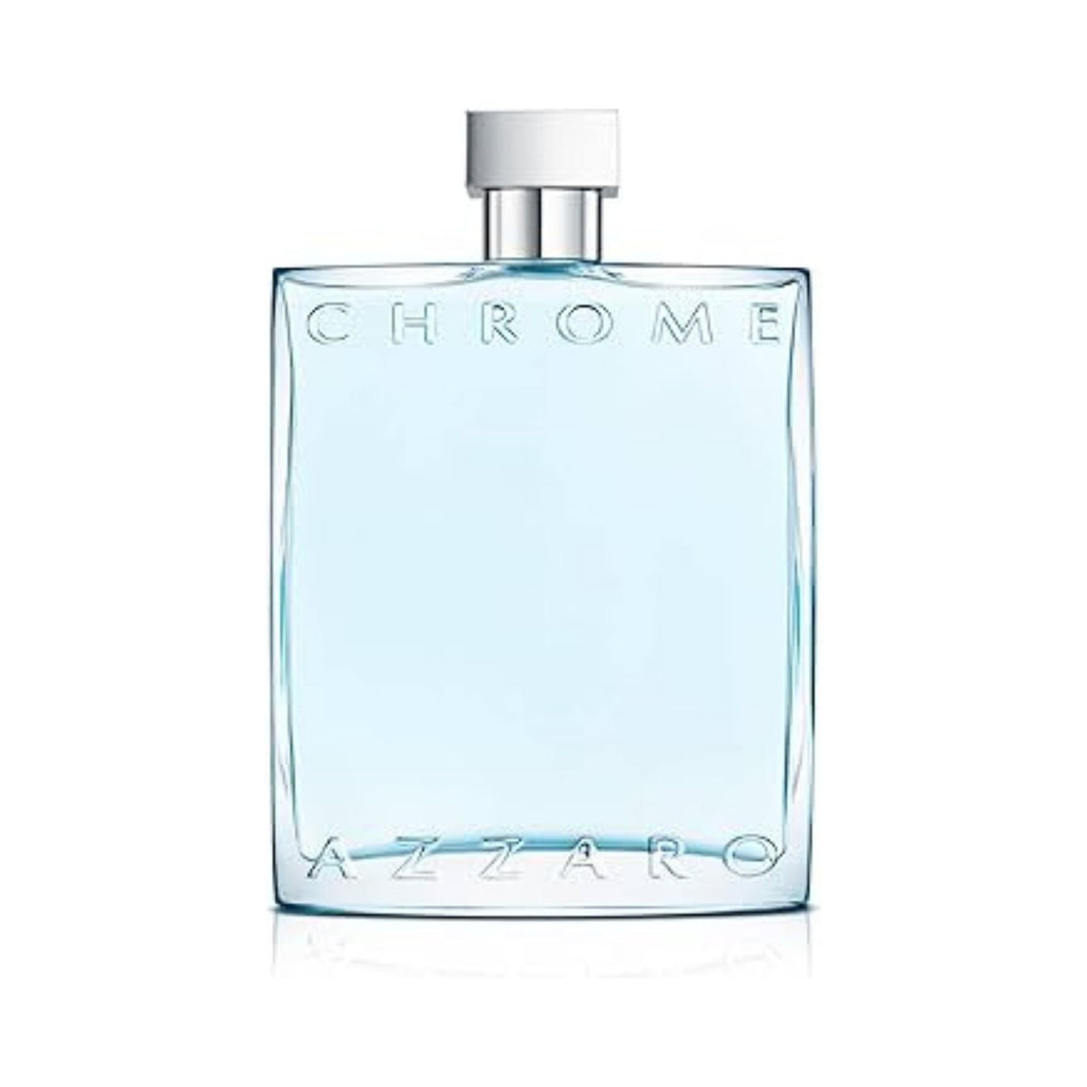 Refect Beauty Azzaro Chrome Eau de Toilette in a clear rectangular glass bottle with a silver cap and light blue liquid