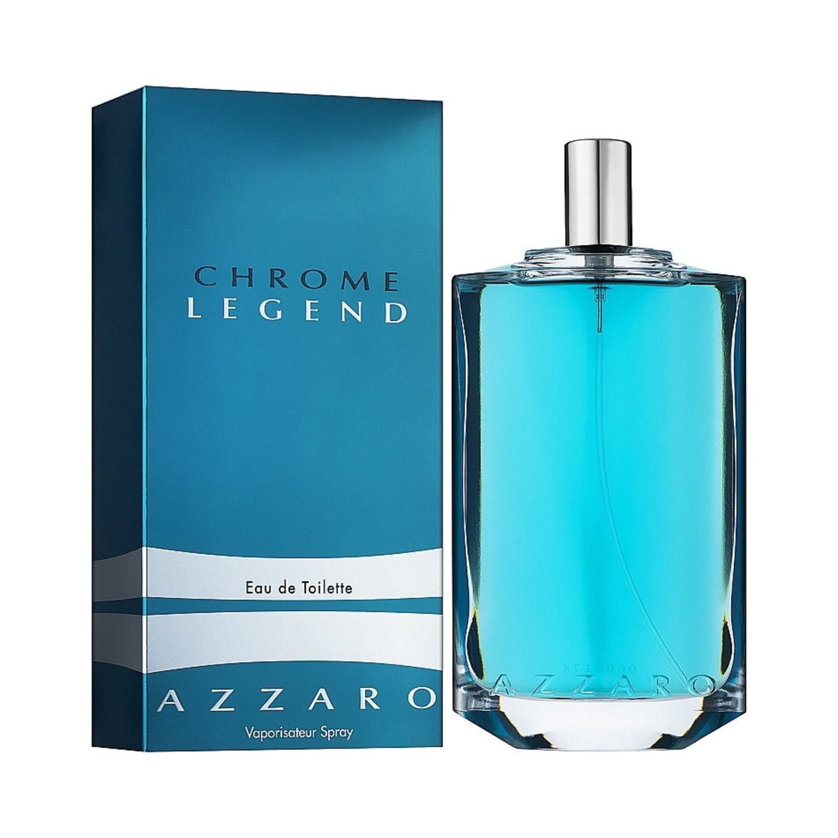 Refect Beauty Azzaro Chrome Legend Eau de Toilette 125ml bottle and blue box, a fresh aromatic-woody fragrance for men.