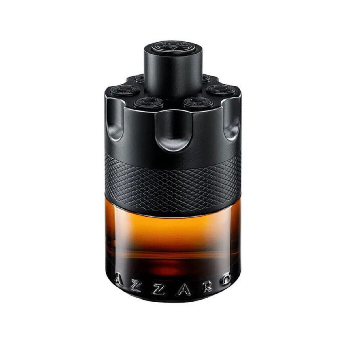 Refect Beauty Azzaro The Most Wanted Parfum in a cylindrical black and amber glass bottle with revolver-style cap
