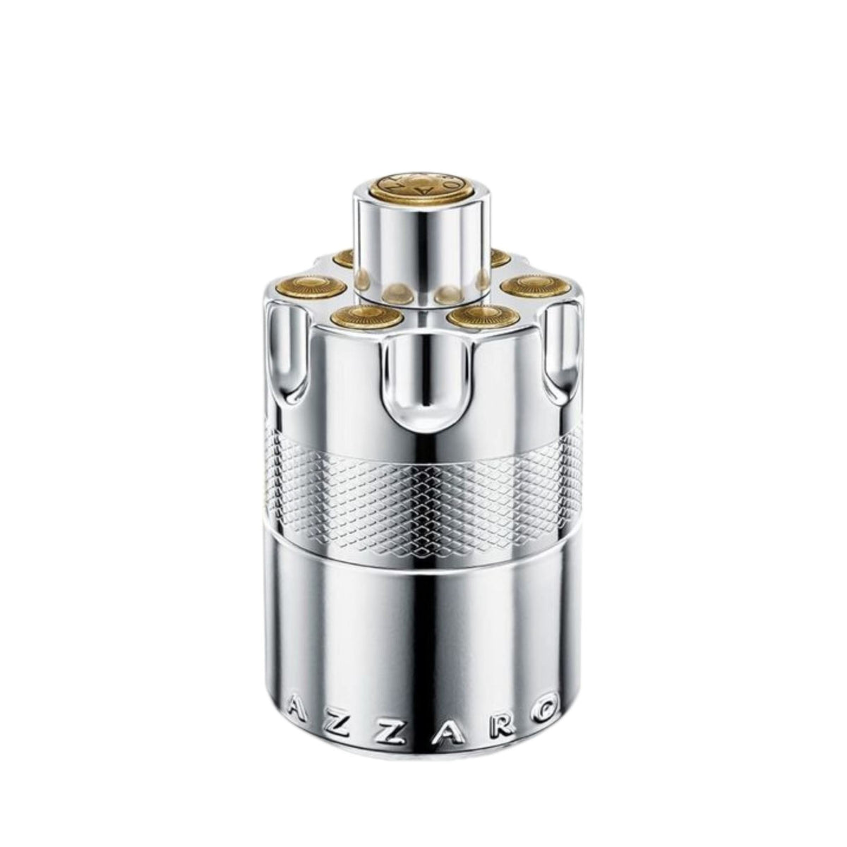 Refect Beauty Azzaro Wanted Eau de Parfum in a silver cylindrical bottle shaped like a revolver chamber