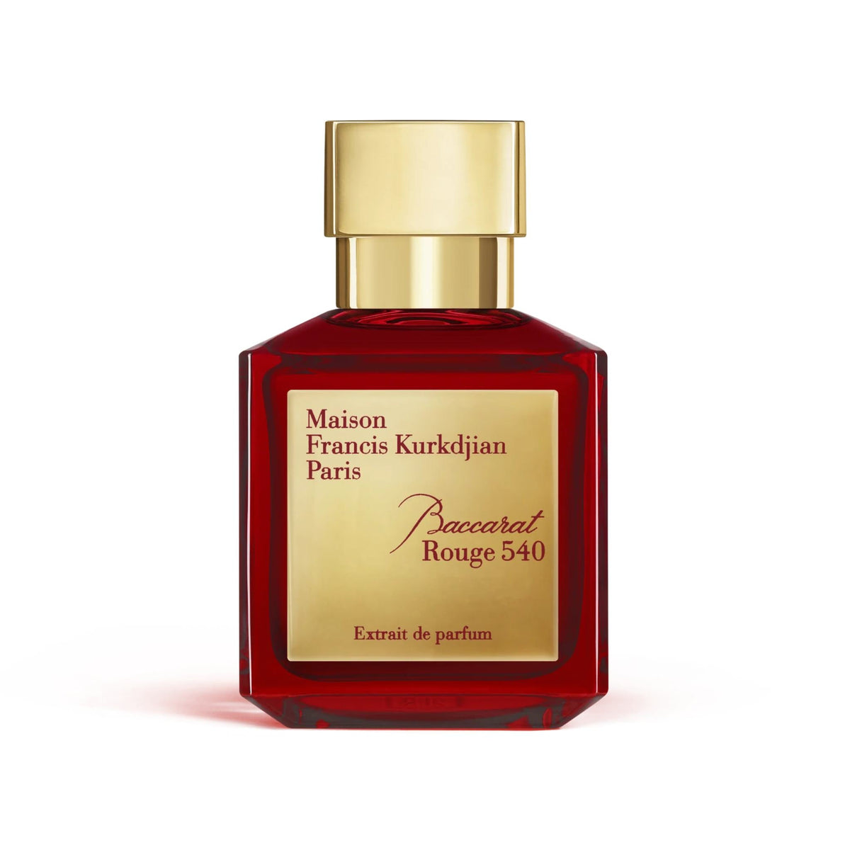 Refect Beauty Maison Francis Kurkdjian Baccarat Rouge 540 Extrait de parfum in a deep red glass bottle with gold cap.
