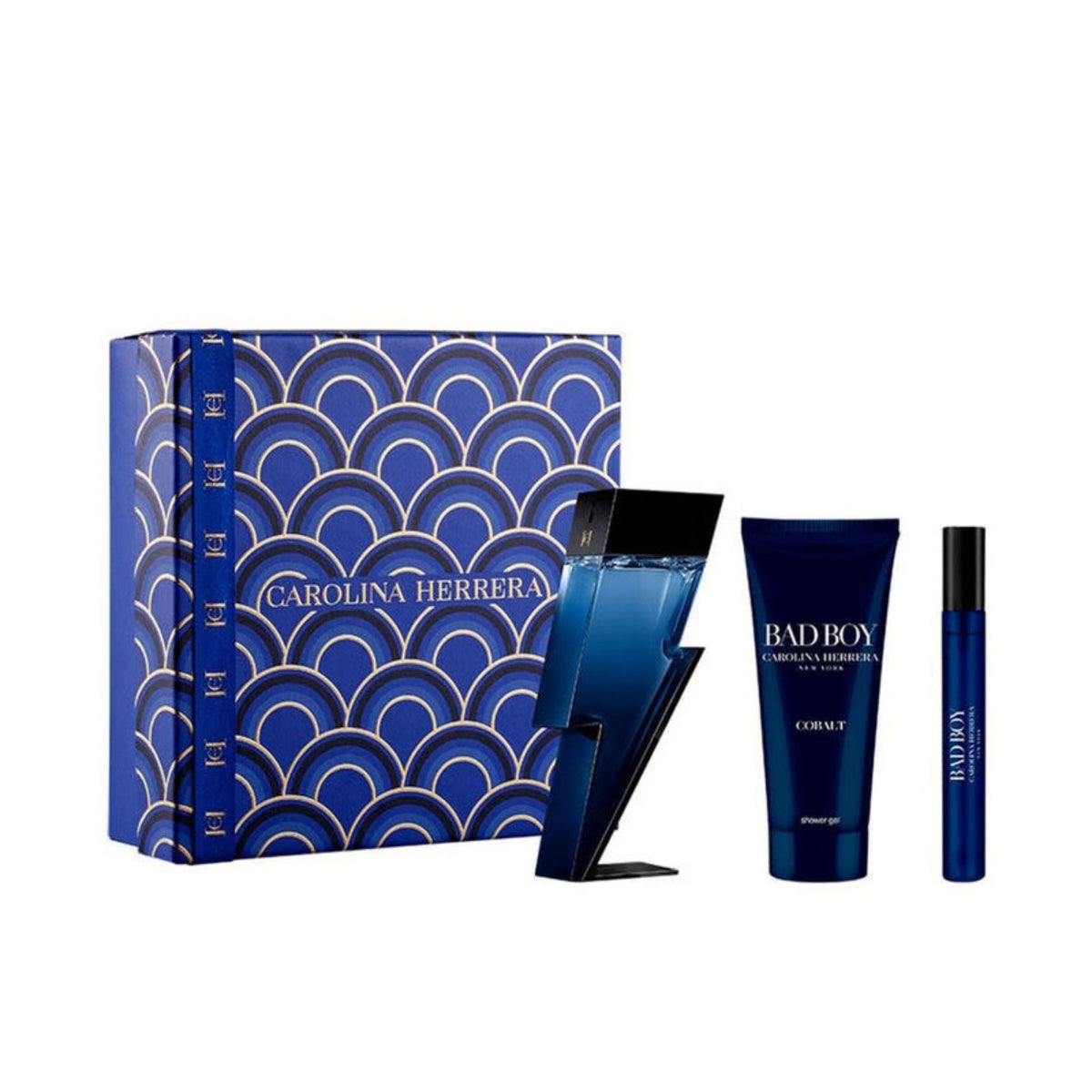 Refect Beauty Carolina Herrera Bad Boy Cobalt gift set featuring a lightning bolt perfume bottle, shower gel, and spray