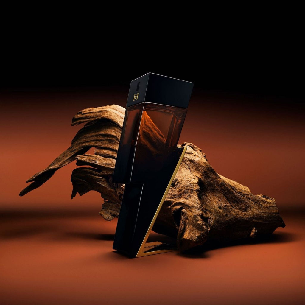 Refect Beauty Carolina Herrera Bad Boy Elixir perfume bottle shaped like a lightning bolt next to textured driftwood.