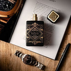 Refect Beauty Lattafa Bade’e Al Oud Oud for Glory perfume bottle with black and gold geometric label on a desk