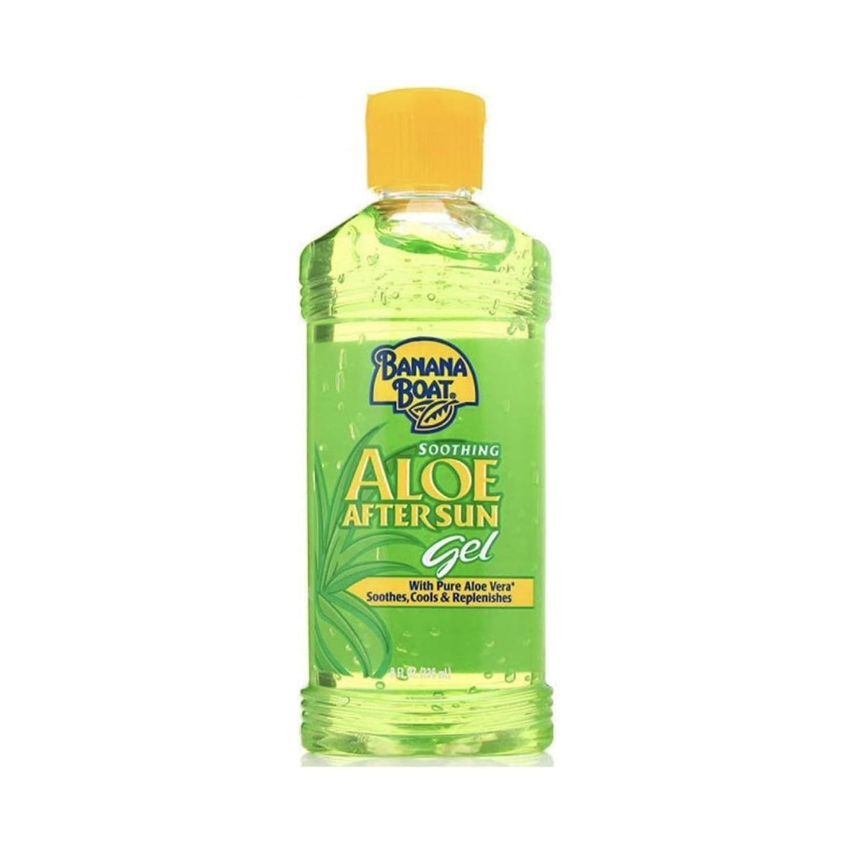 Refect Beauty Banana Boat Soothing Aloe After Sun Gel in a clear bottle with a yellow cap for cooling skin relief.