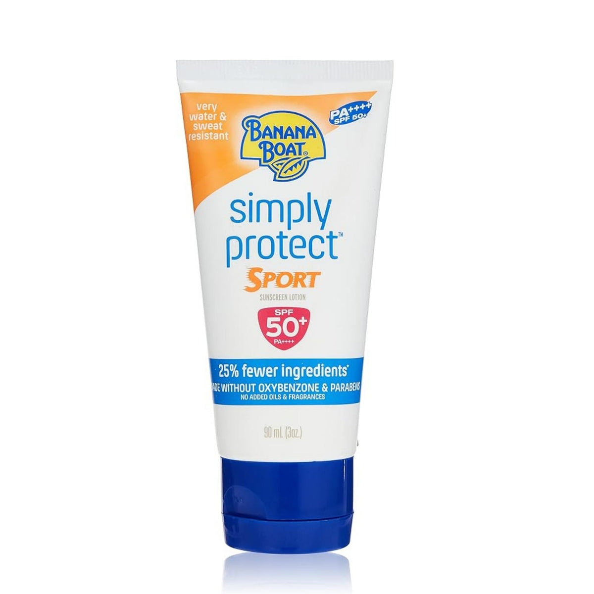 Refect Beauty Banana Boat Simply Protect SPF 50+ sport sunscreen lotion in a white squeeze tube with a blue cap.