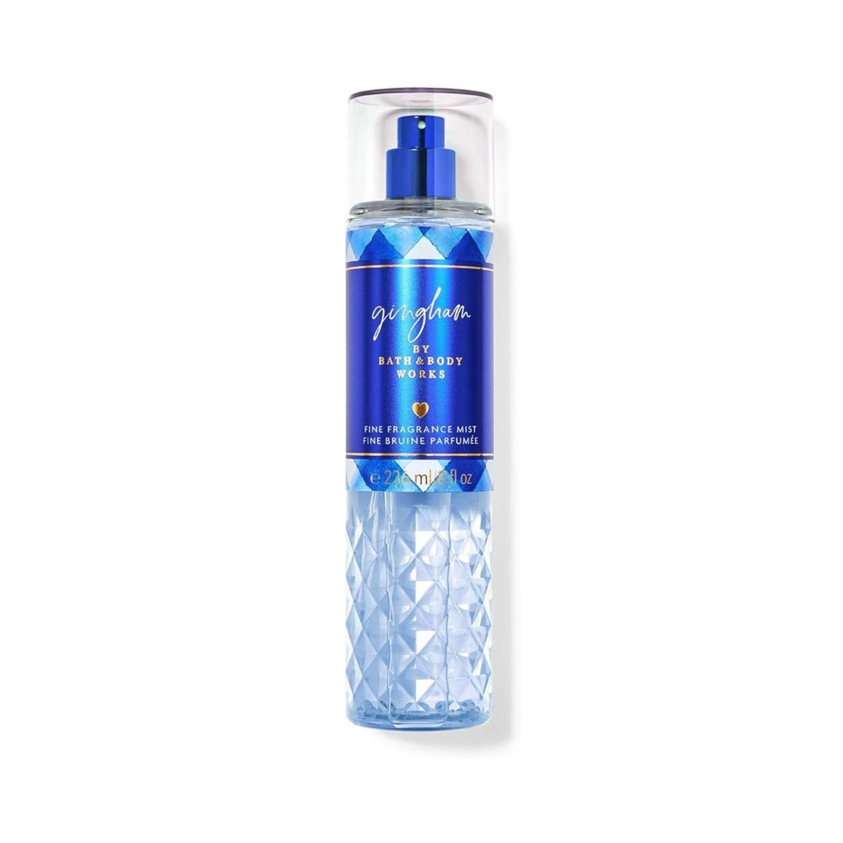 Refect Beauty Bath & Body Works Gingham fine fragrance mist in a blue textured bottle with a clear cap