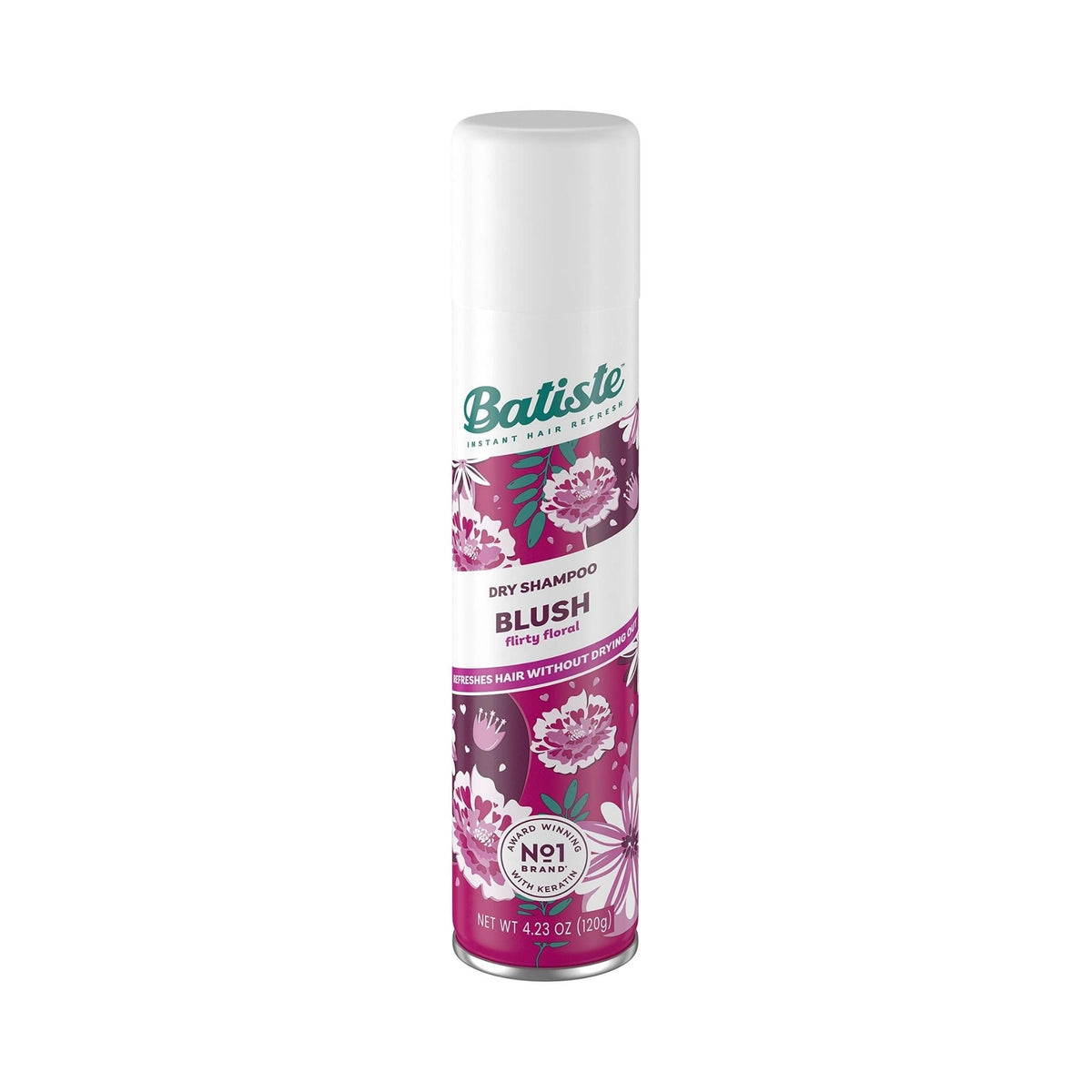 Refect Beauty Batiste Blush floral dry shampoo spray can with pink and white flower pattern for hair refreshment