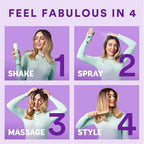 Refect Beauty Batiste Fruity & Cheeky Cherry dry shampoo four-step usage guide featuring a woman applying the spray.