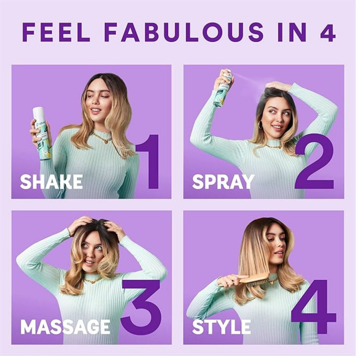 Refect Beauty Batiste Fruity & Cheeky Cherry dry shampoo four-step usage guide featuring a woman applying the spray.