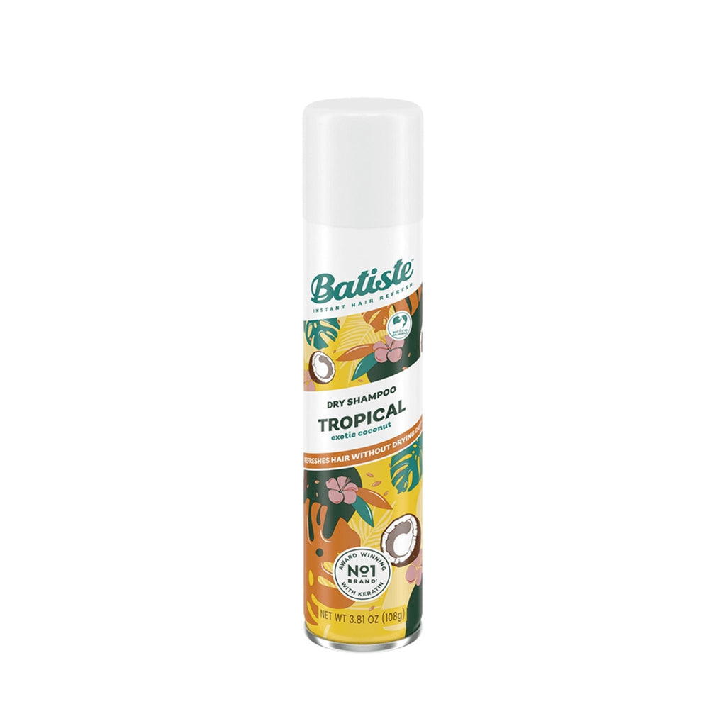 Refect Beauty Batiste Tropical dry shampoo spray can with vibrant coconut and floral design for hair refreshment