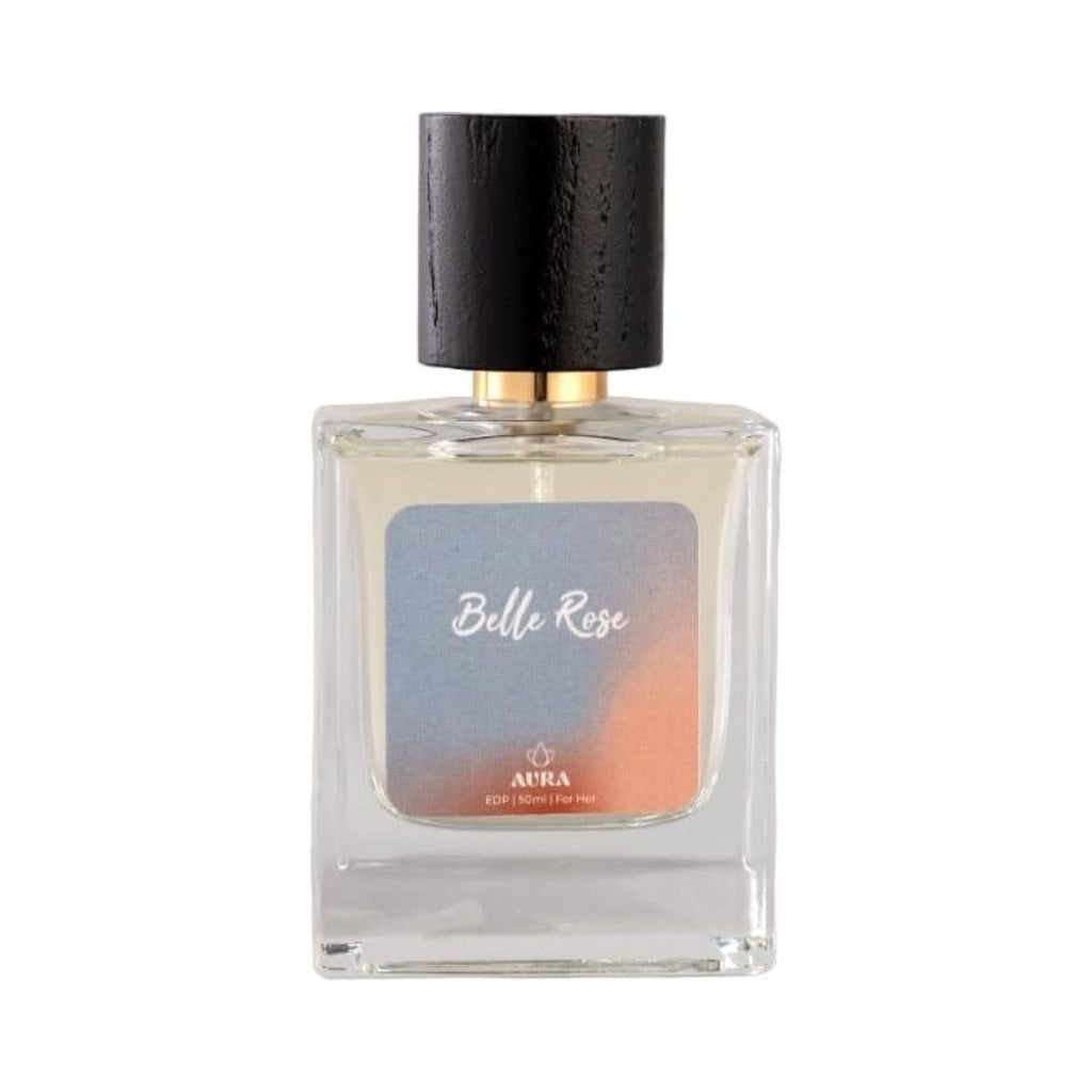 Refect Beauty Aura Belle Rose Eau de Parfum in a clear glass bottle with a black wooden cap and gradient label.